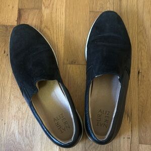 Black suede and leather slip on tennis shoes